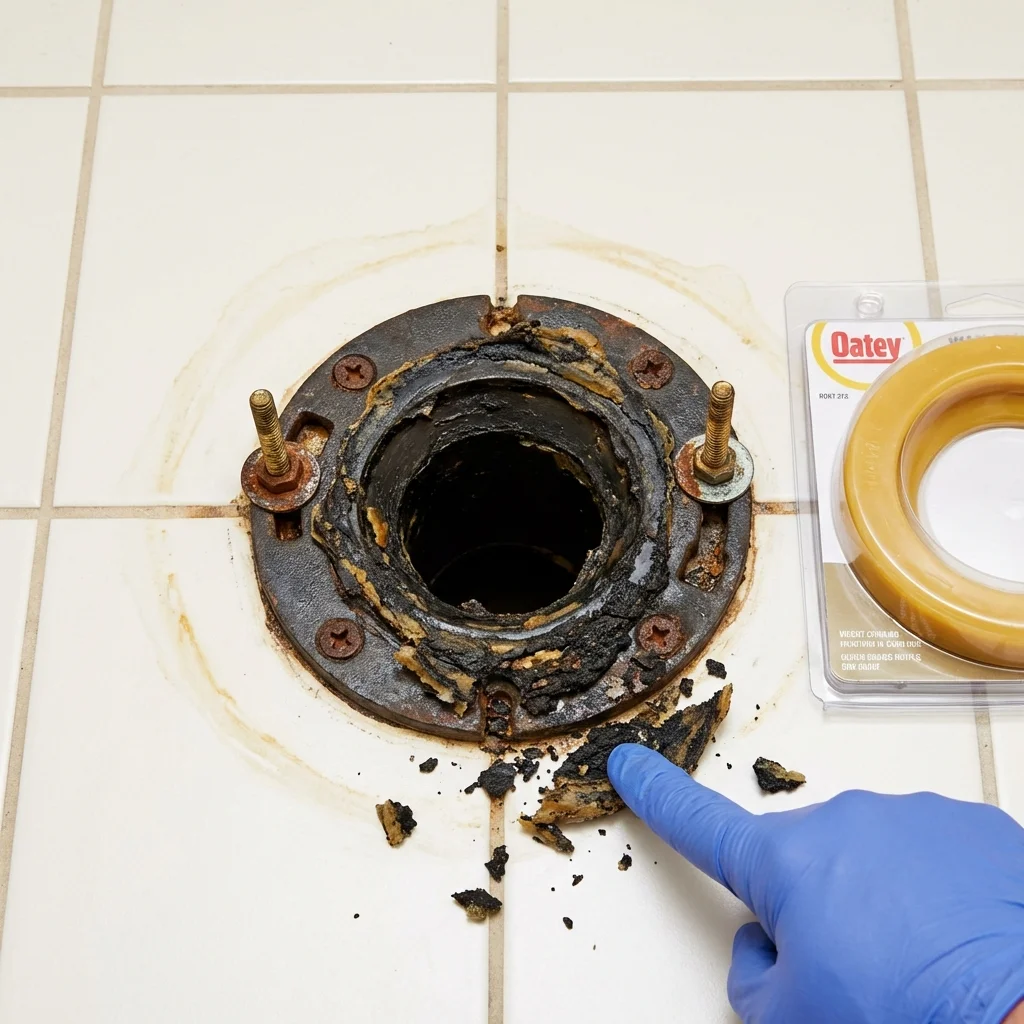 Failed wax ring showing water seepage at the base of a toilet in a Richmond, MI home