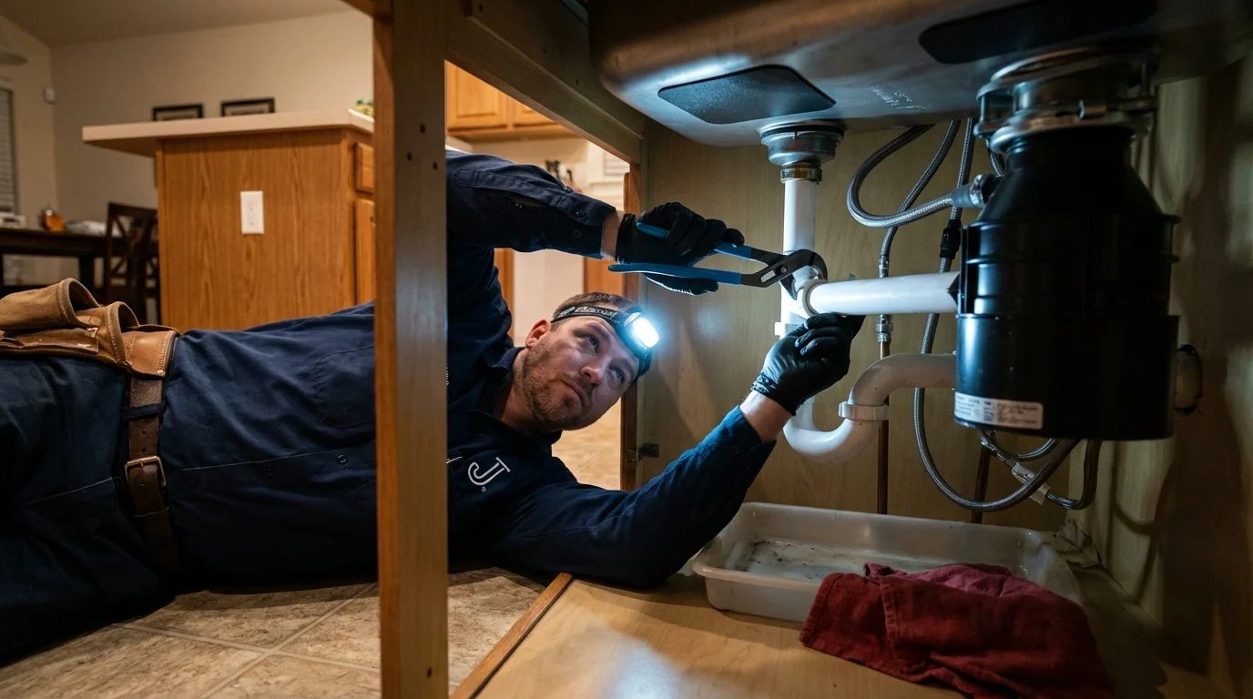 P-trap and supply line connections under a kitchen sink showing a common leak point in Richmond, MI